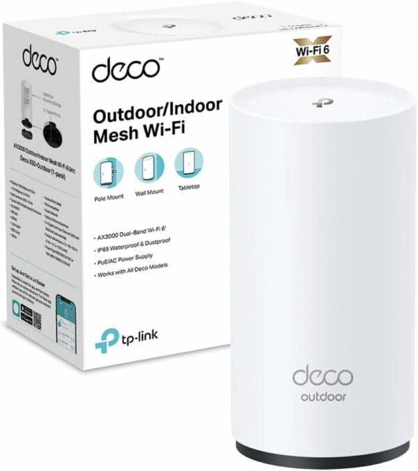 TP-Link Deco X50-Outdoor Router AX3000Mbps Access Point Esterno Mesh WiFi 6 Dual Band, IP65 Resistenza Alla Polvere e all'Acqua, Palo e Montaggio a Parete, PoE