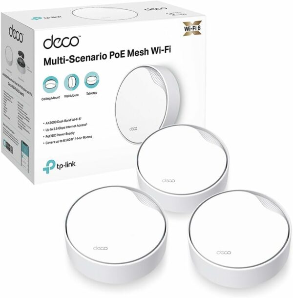 TP-Link Deco X50-PoE Router Mesh WiFi 6, AX3000Mbps Dual Band, Poe(Alimentazione Tramite Ethernet), Porta Ethernet da 2,5 Gbps, Ripetitore WiFi, Access Point, 3 Pezzi con Copertura Fino a 600㎡